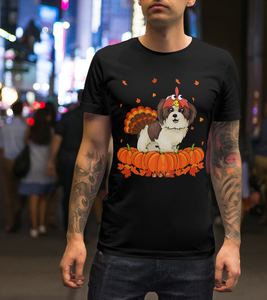Shih Tzu Dressed As Turkey With Pumpkins And Autumn Leaves Thanksgiving Fun T-Shirt