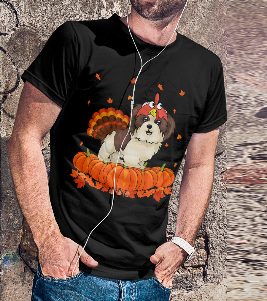 Shih Tzu Dressed As Turkey With Pumpkins And Autumn Leaves Thanksgiving Fun T-Shirt