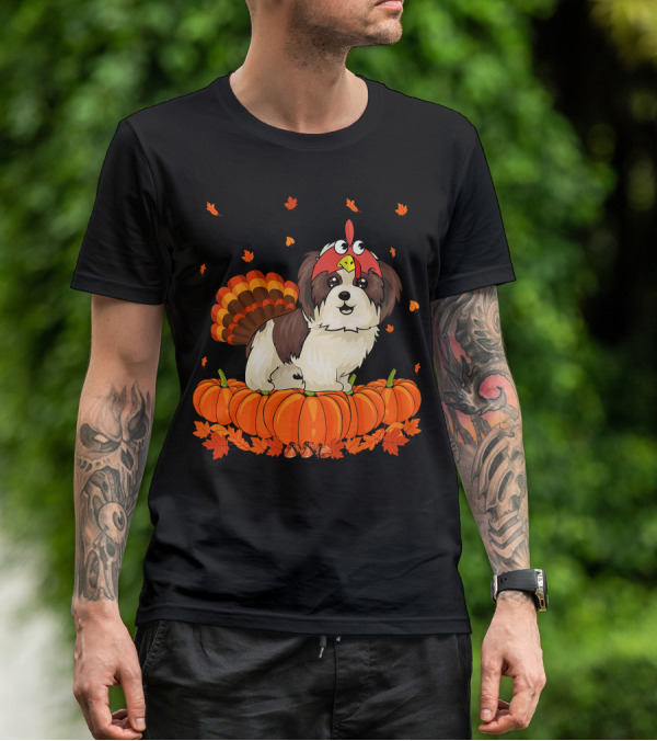 Shih Tzu Dressed As Turkey With Pumpkins And Autumn Leaves Thanksgiving Fun T-Shirt