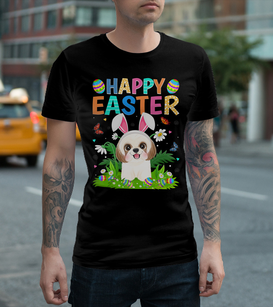 Happy Easter Bunny Shih Tzu Dog with Easter Eggs and Butterflies T-Shirt