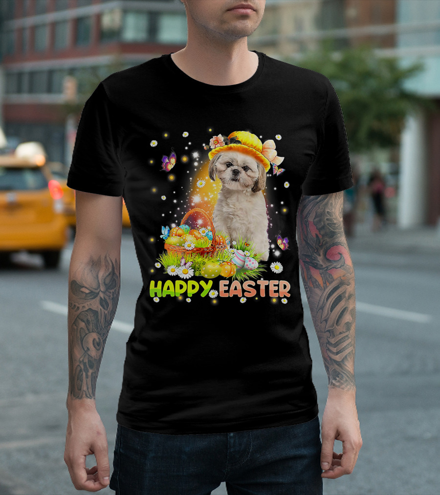 Happy Easter Cute Bunny Dog Shih Tzu with Eggs Basket and Butterflies T-Shirt