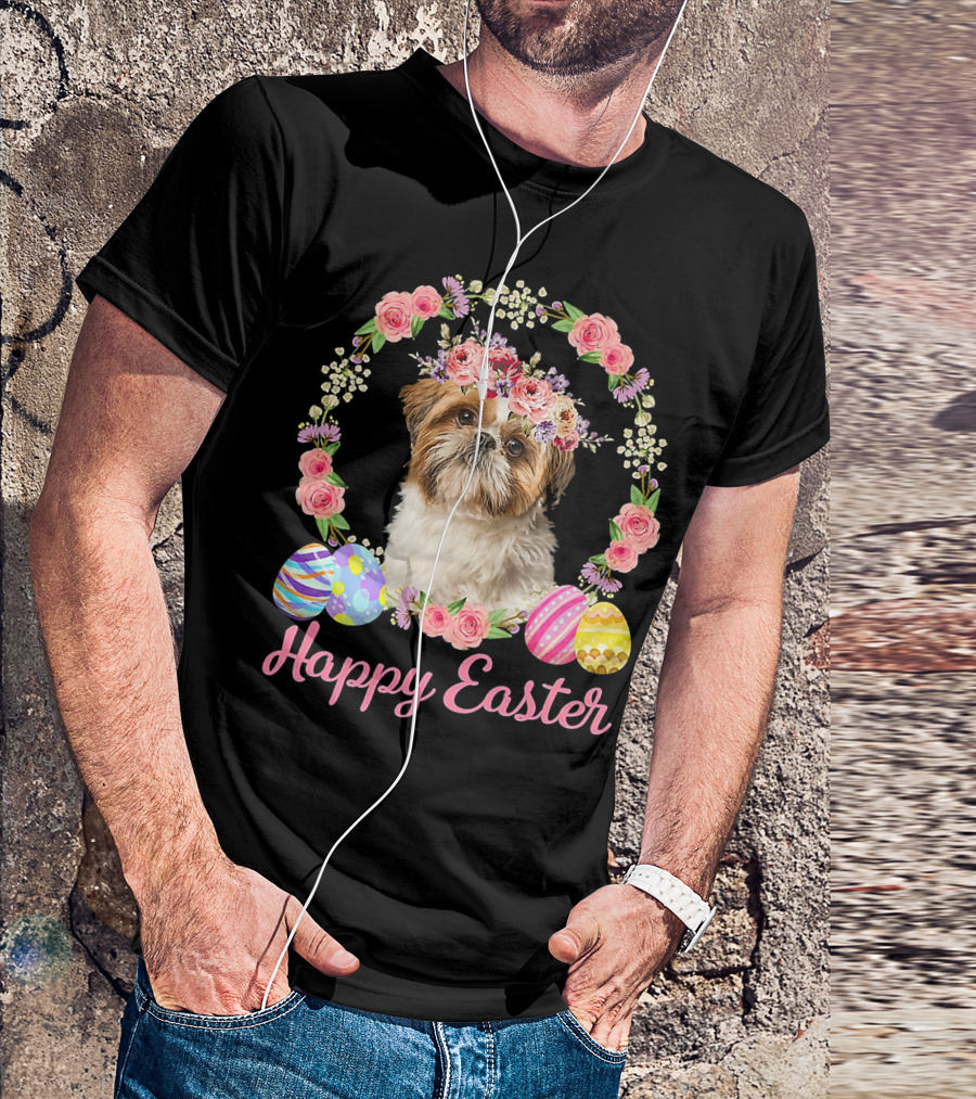 Happy Easter Shih Tzu Dog Flower Wreath With Decorative Eggs T-Shirt
