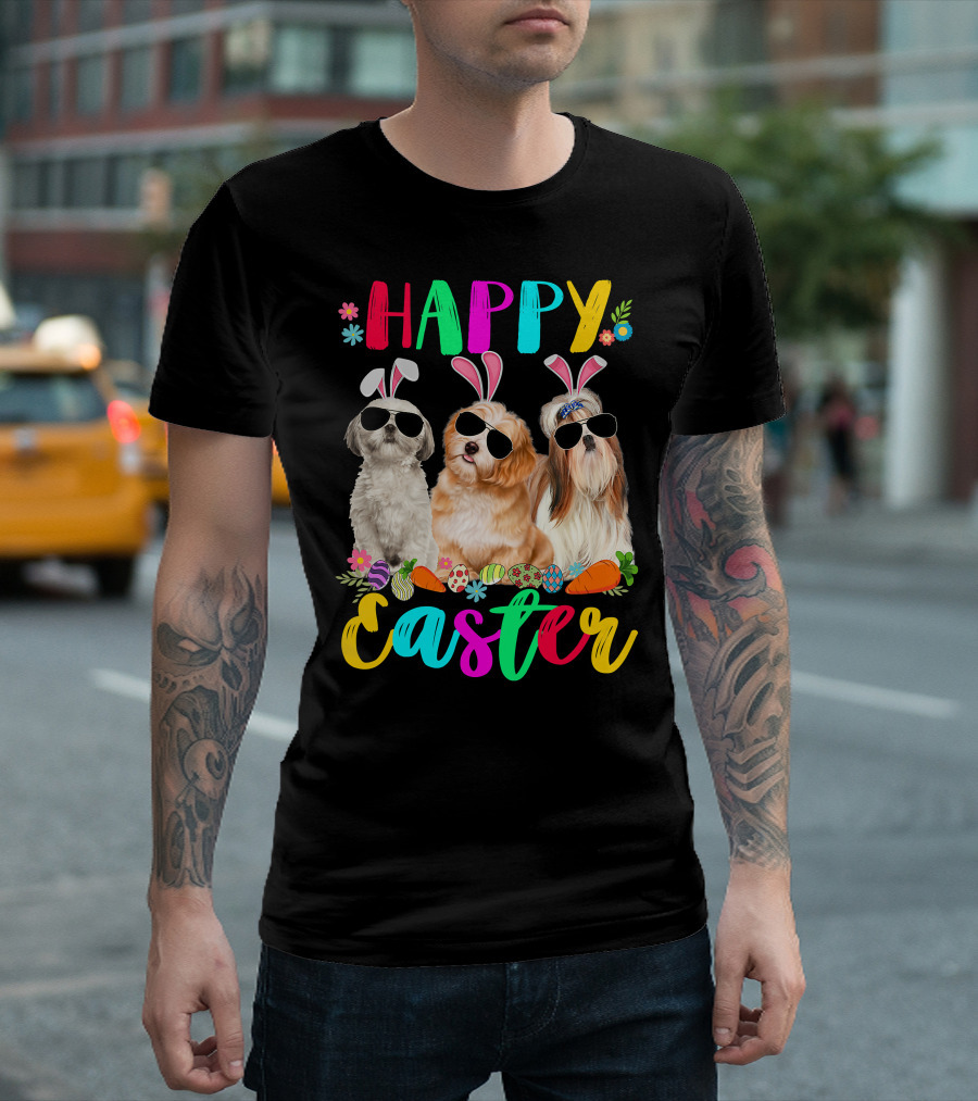 Happy Easter Three Shih Tzu Dogs With Bunny Ears And Sunglasses Eggs Carrots T-Shirt