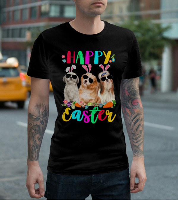 Happy Easter Three Shih Tzu Dogs With Bunny Ears And Sunglasses Eggs Carrots T-Shirt