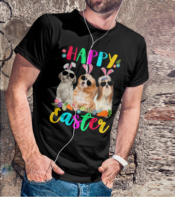 Happy Easter Three Shih Tzu Dogs With Bunny Ears And Sunglasses Eggs Carrots T-Shirt