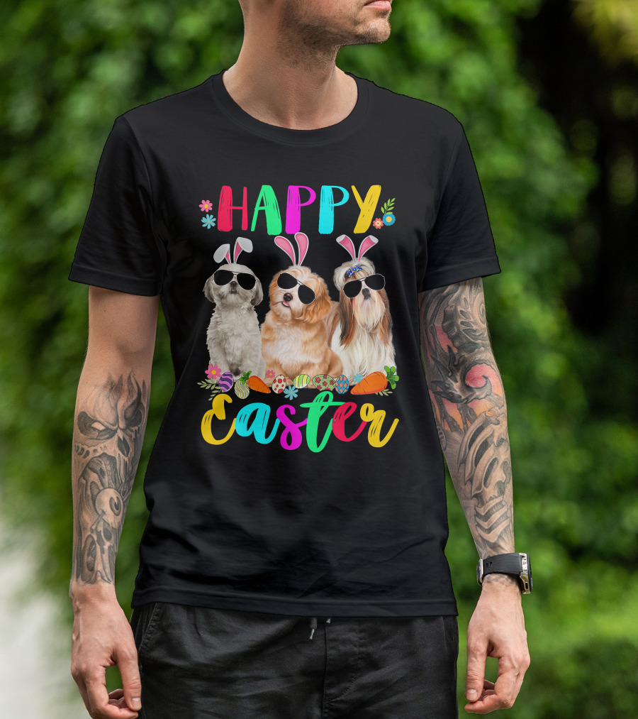 Happy Easter Three Shih Tzu Dogs With Bunny Ears And Sunglasses Eggs Carrots T-Shirt