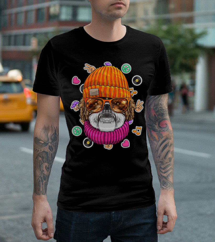 Hipster Shih Tzu with Glasses and Beanie Surrounded by Love Peace and Music Icons T-Shirt