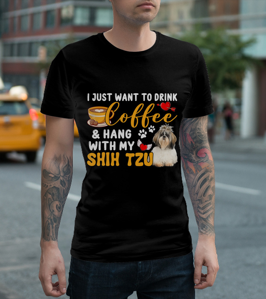 Coffee Lover Shih Tzu With Hearts and Wings T-Shirt