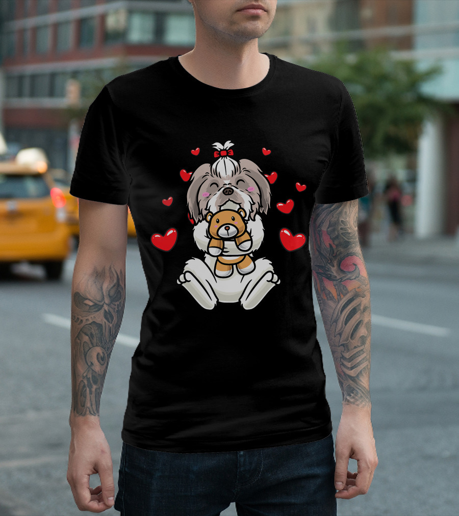 Kawaii Shih Tzu Holding Stuffed Animal Surrounded by Hearts T-Shirt