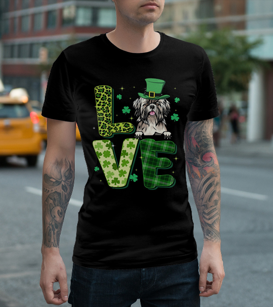 Love Shih Tzu Leopard Plaid Shamrock St Patrick's Day T-Shirt