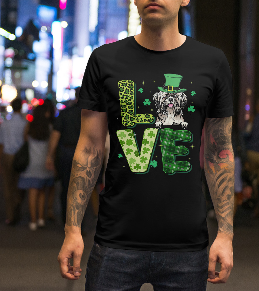 Love Shih Tzu Leopard Plaid Shamrock St Patrick's Day T-Shirt