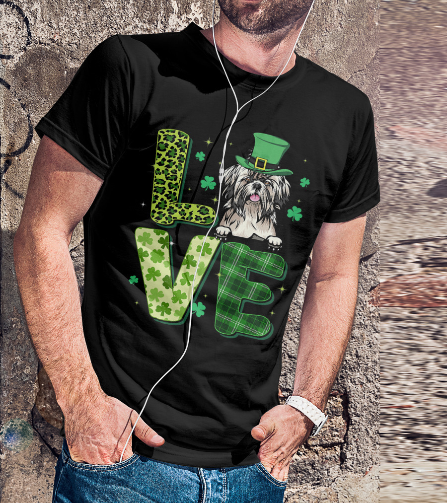Love Shih Tzu Leopard Plaid Shamrock St Patrick's Day T-Shirt