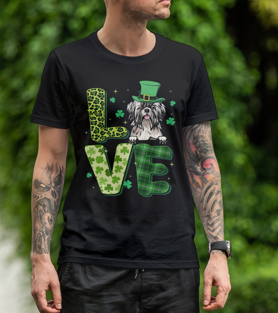 Love Shih Tzu Leopard Plaid Shamrock St Patrick's Day T-Shirt