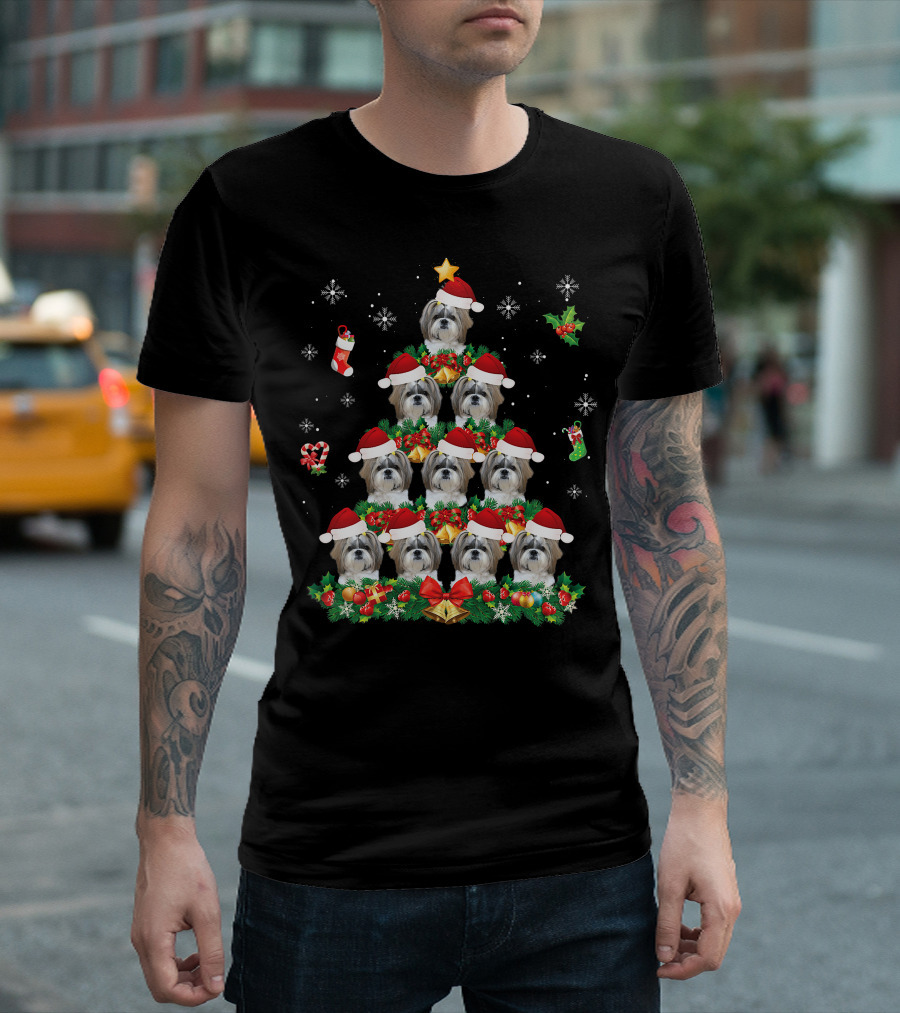 Merry Christmas Shih Tzu Santa Hat Dog Tree Pajama Swe T-Shirt