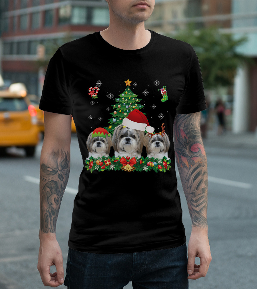 Merry Dogmas Shih Tzu Santa Elf Reindeer Christmas Tree T-Shirt