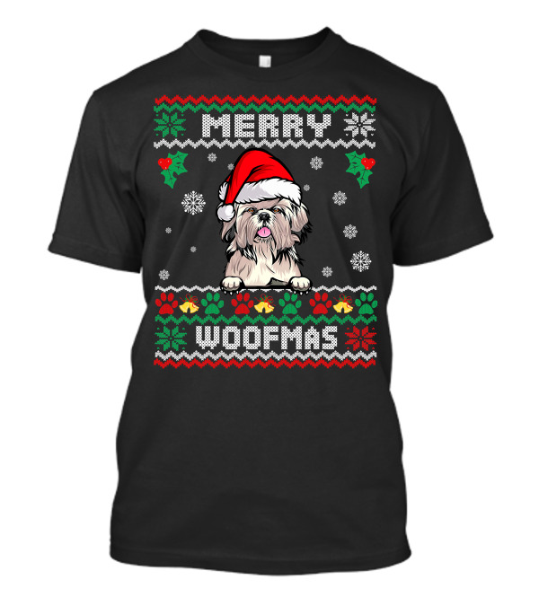 Merry Woofmas Shih Tzu Dog In Santa Hat With Christmas Patterns And Paw Print Snowflakes T-Shirt