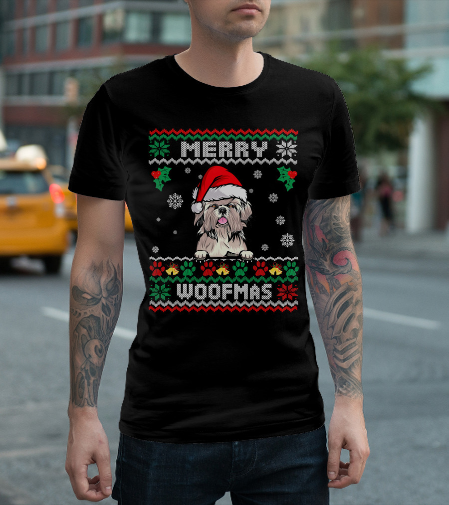 Merry Woofmas Shih Tzu Dog In Santa Hat With Christmas Patterns And Paw Print Snowflakes T-Shirt