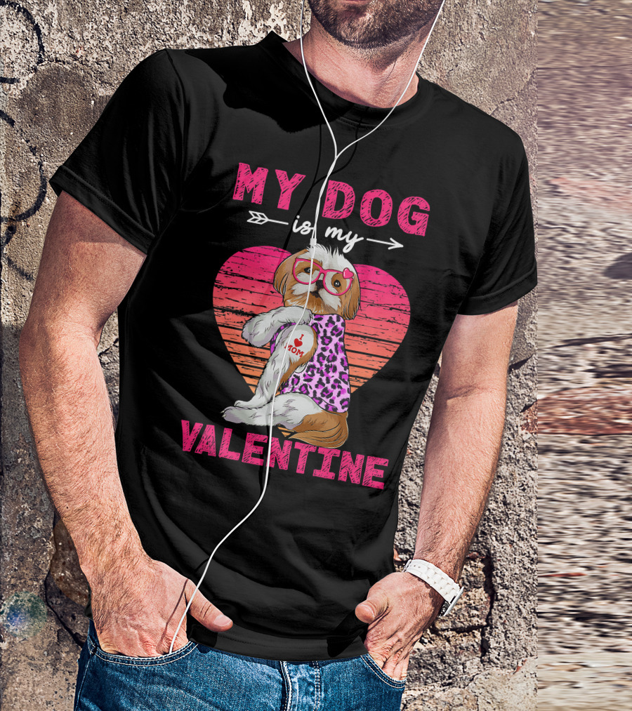 My Dog Valentine Shih Tzu Leopard Heart Glasses Mom Tattoo T-Shirt