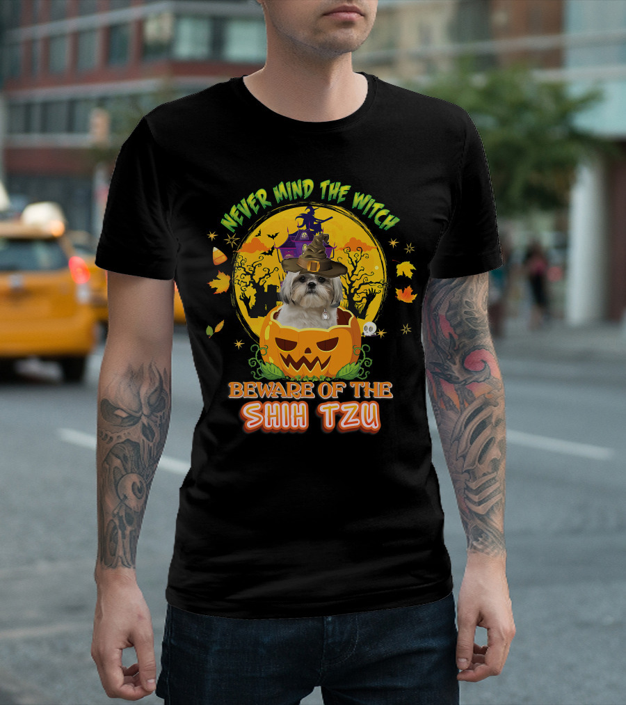 Never Mind The Witch Beware Of The Shih Tzu Halloween Pumpkin Dog with Witch Hat T-Shirt