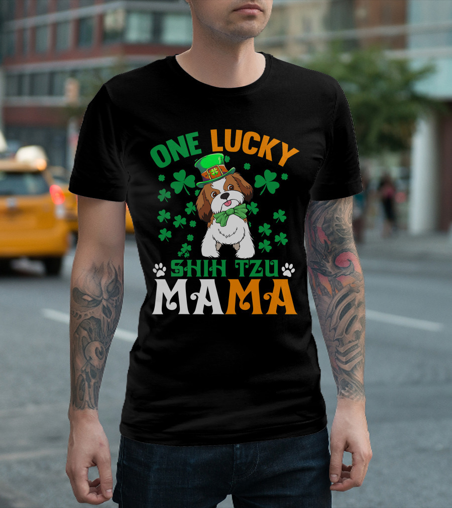 One Lucky Shih Tzu Mama St Patricks Day Green Hat Shamrocks T-Shirt