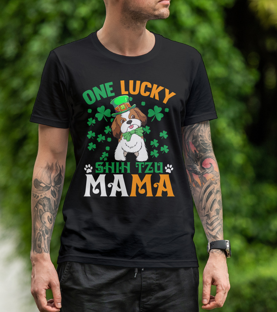 One Lucky Shih Tzu Mama St Patricks Day Green Hat Shamrocks T-Shirt
