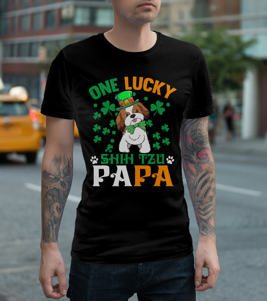 One Lucky Shih Tzu Papa St Patricks Day Dog Hat Clover T-Shirt