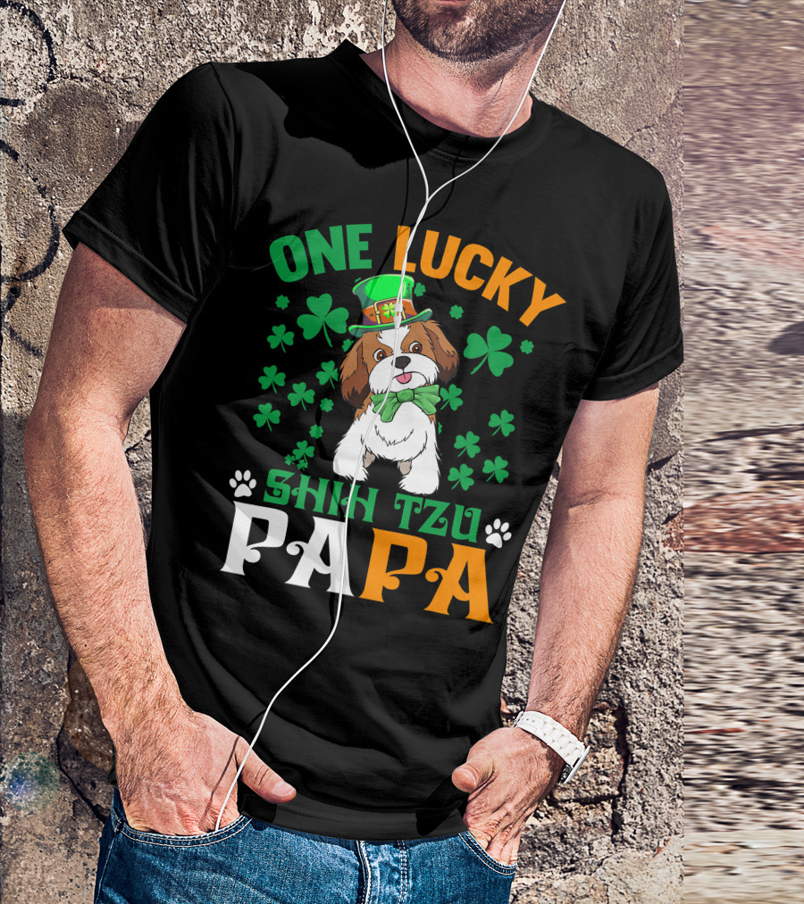 One Lucky Shih Tzu Papa St Patricks Day Dog Hat Clover T-Shirt
