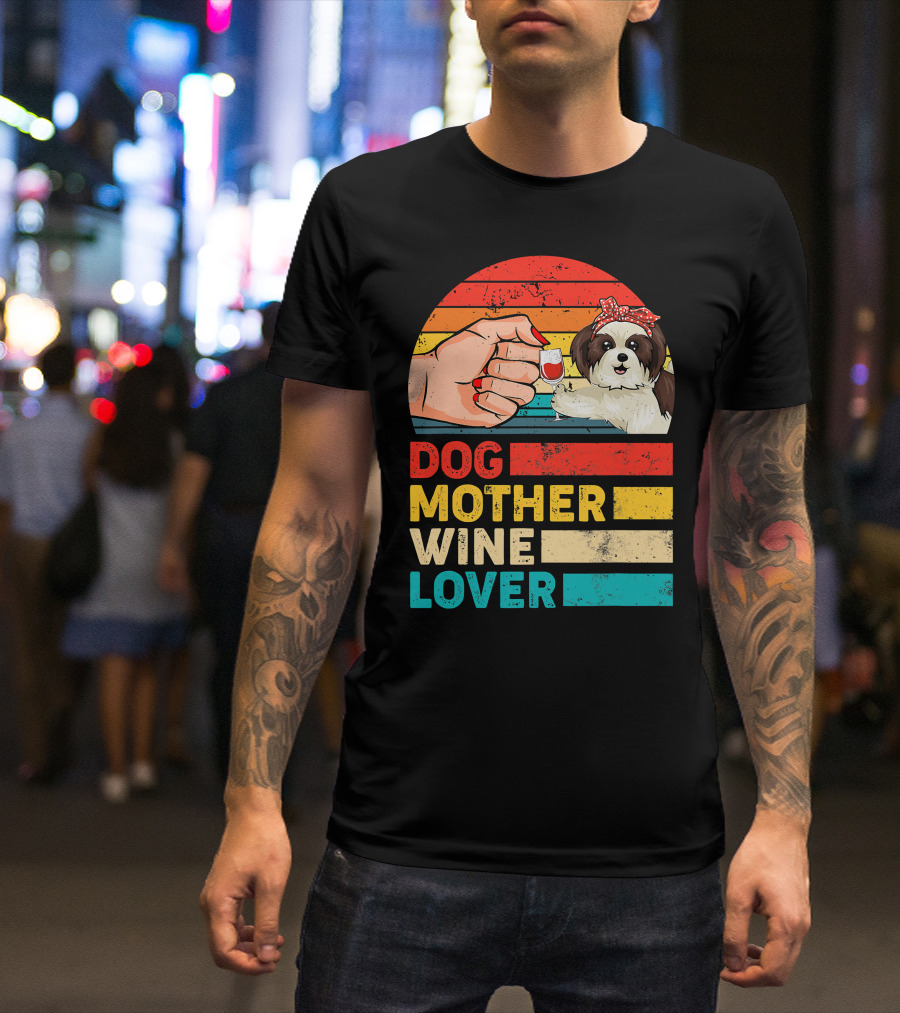 Dog Mother Wine Lover Shih Tzu Retro T-Shirt