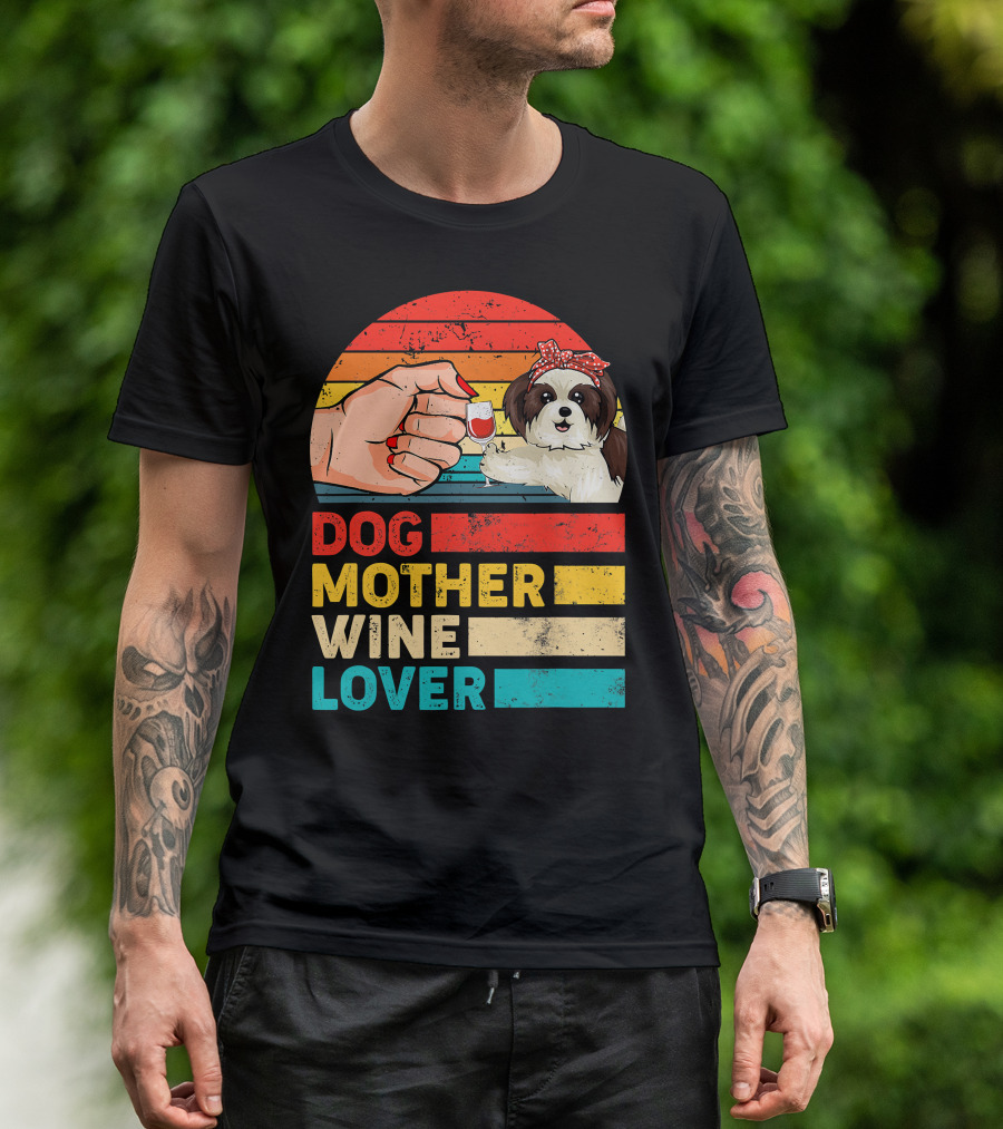 Dog Mother Wine Lover Shih Tzu Retro T-Shirt