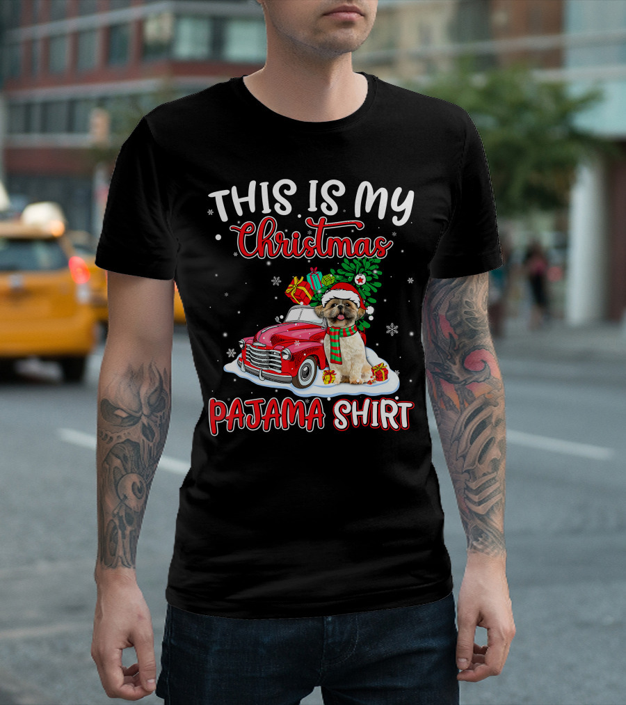 Retro Christmas Pajama Shih Tzu Santa Hat Presents Vintage Car T-Shirt