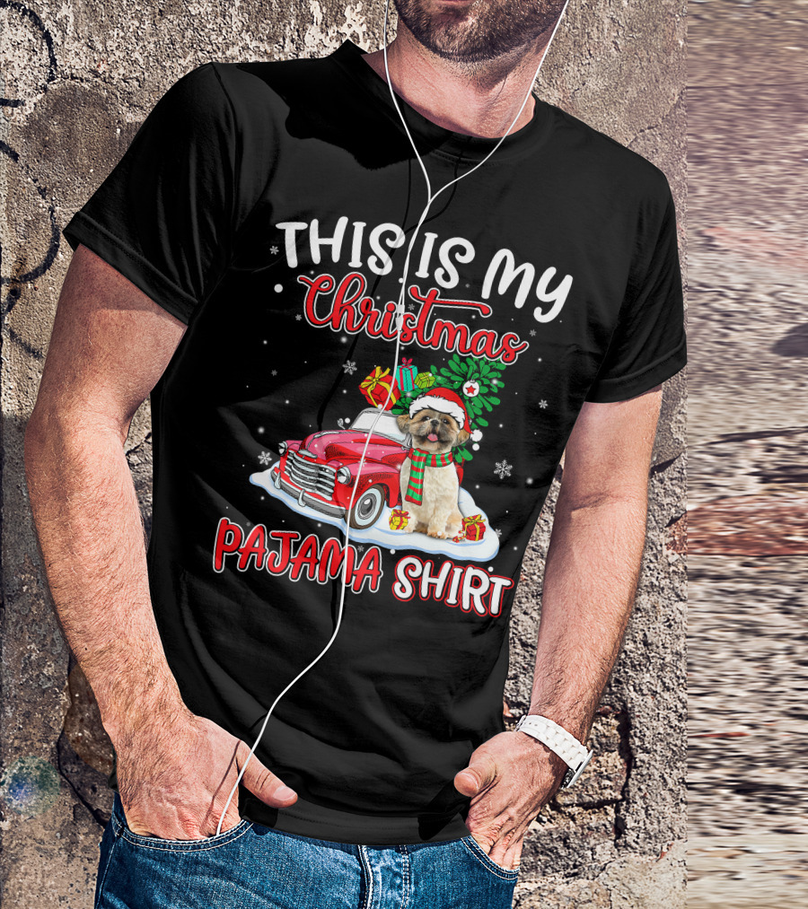 Retro Christmas Pajama Shih Tzu Santa Hat Presents Vintage Car T-Shirt