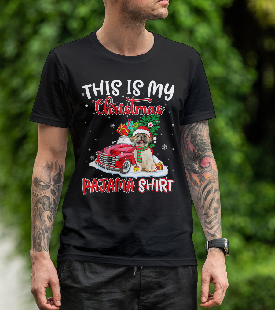 Retro Christmas Pajama Shih Tzu Santa Hat Presents Vintage Car T-Shirt