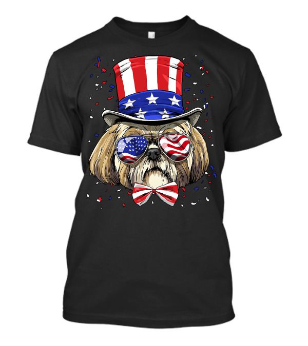 Shih Tzu Fourth Of July American Dog In USA Flag Hat And Glasses T-Shirt
