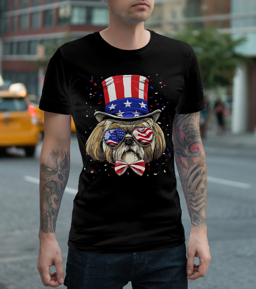 Shih Tzu Fourth Of July American Dog In USA Flag Hat And Glasses T-Shirt