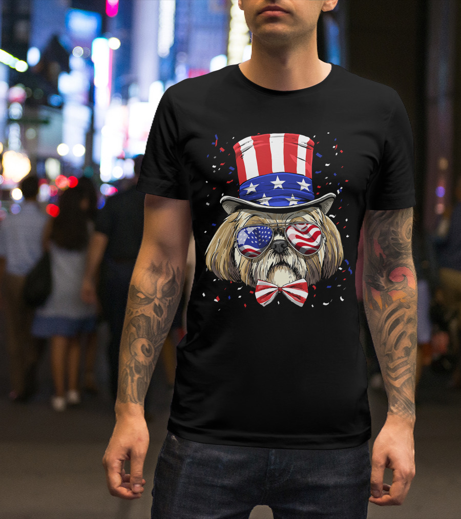 Shih Tzu Fourth Of July American Dog In USA Flag Hat And Glasses T-Shirt