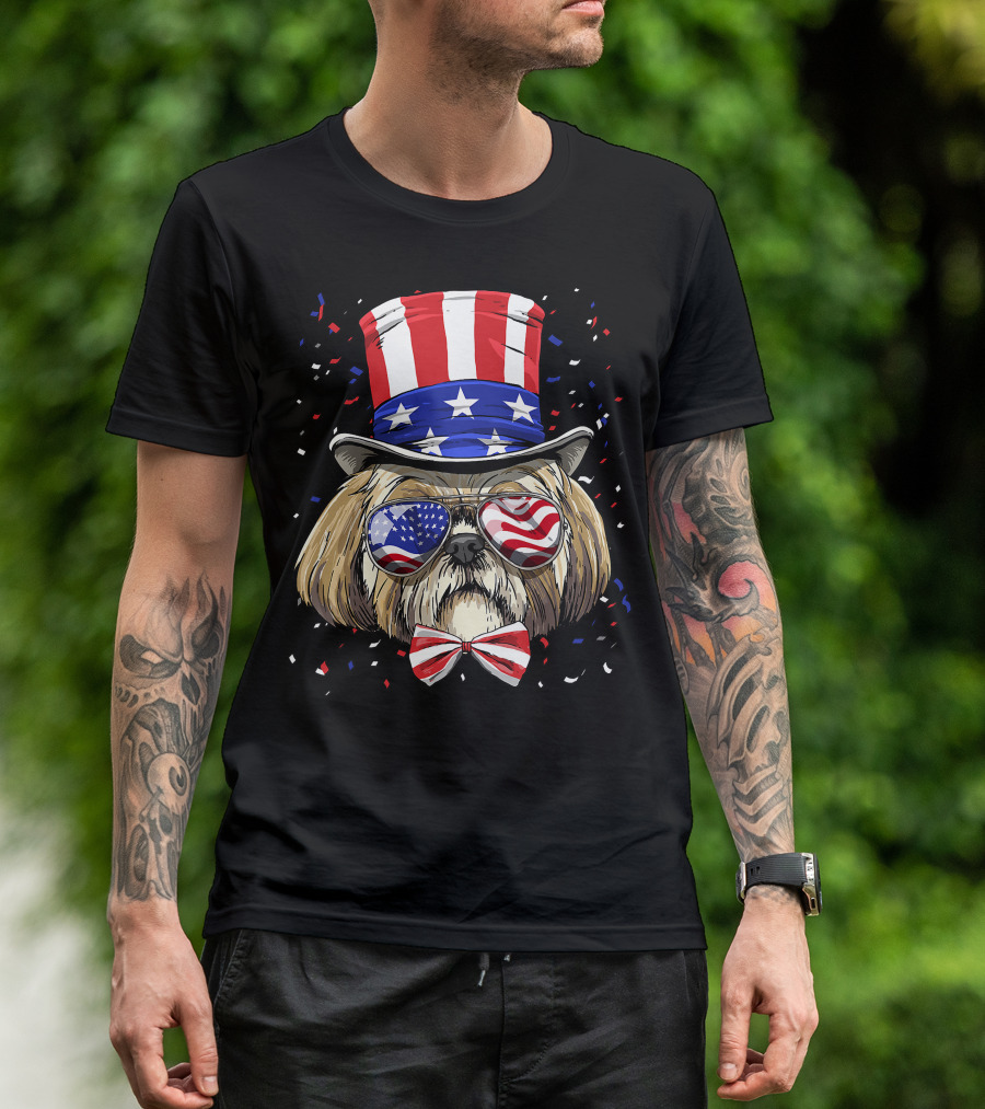 Shih Tzu Fourth Of July American Dog In USA Flag Hat And Glasses T-Shirt