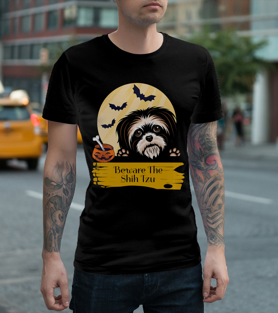Beware The Shih Tzu Halloween Bats Moon Pumpkin T-Shirt