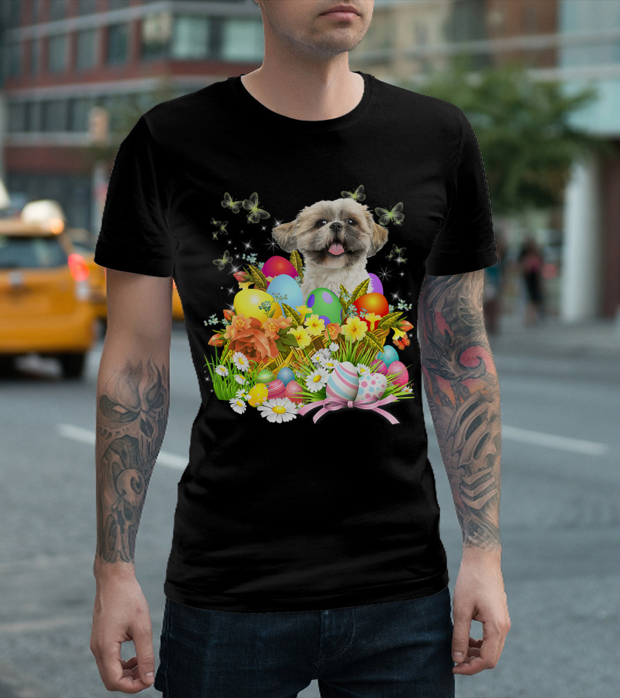 Shih Tzu Bunny Dog With Easter Eggs and Floral Basket T-Shirt