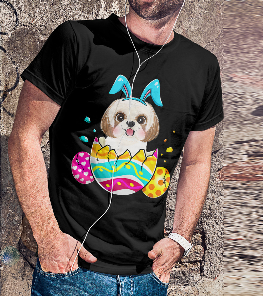 Shih Tzu Bunny Ears Easter Day Cute Dog Dad With Colorful Eggs T-Shirt