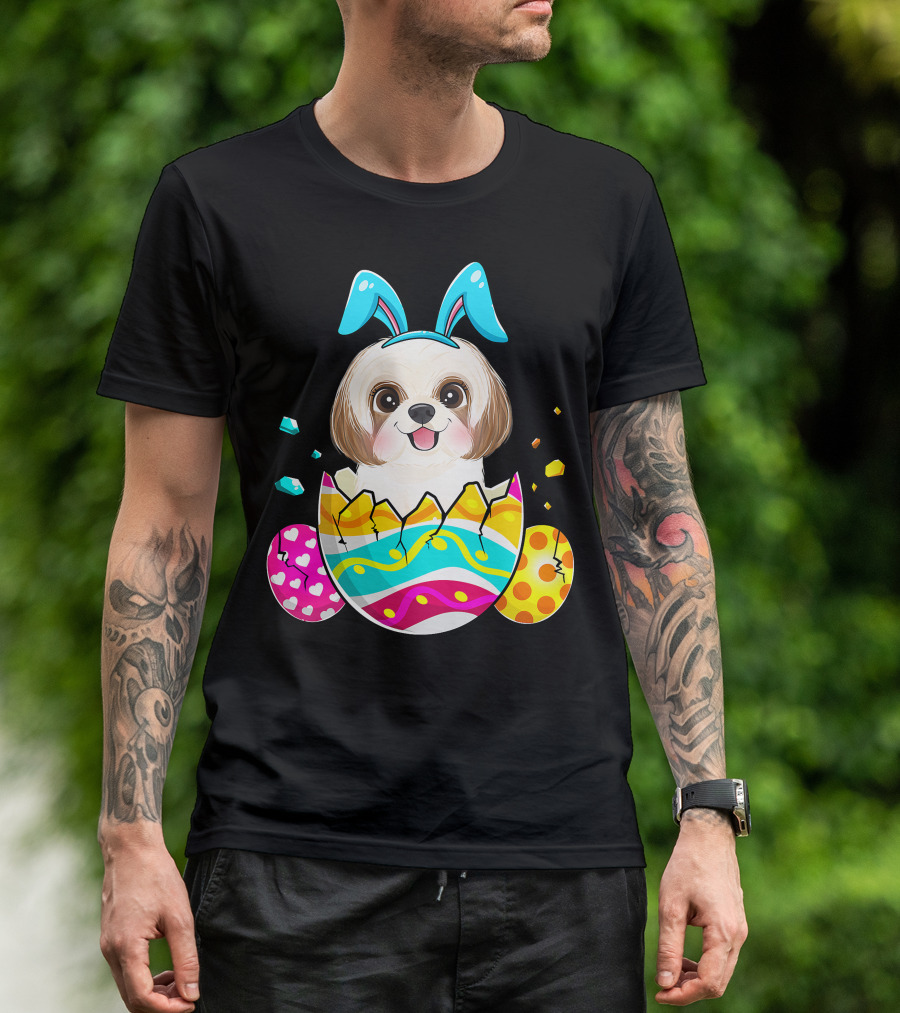 Shih Tzu Bunny Ears Easter Day Cute Dog Dad With Colorful Eggs T-Shirt