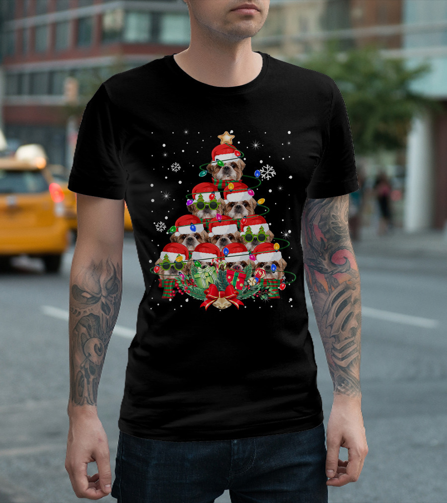 Shih Tzu Christmas Tree with Santa Hats and Lights Family Pajamas T-Shirt