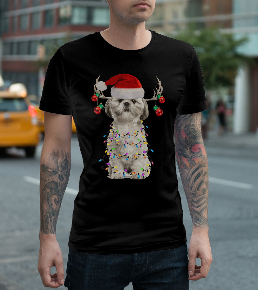 Shih Tzu Christmas Tree Santa Hat with Lights and Antlers T-Shirt