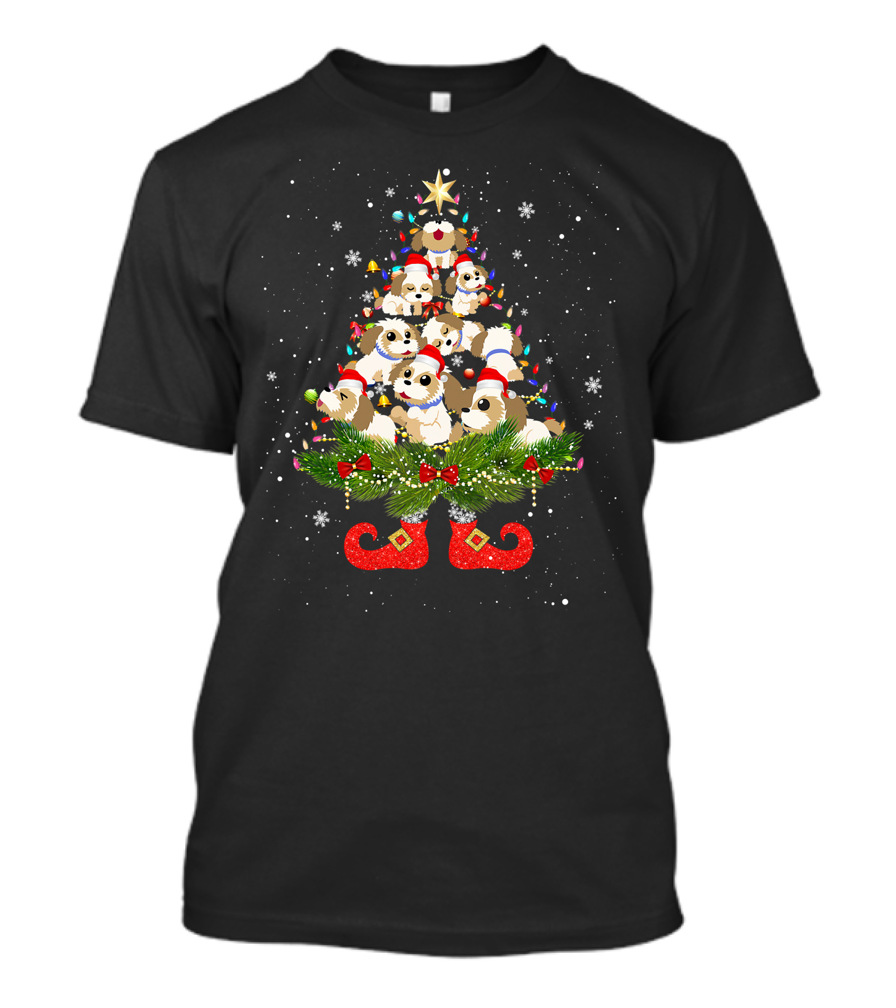 Shih Tzu Christmas Tree Lights Funny Santa Hat Dog Festive Holiday Puppies T-Shirt