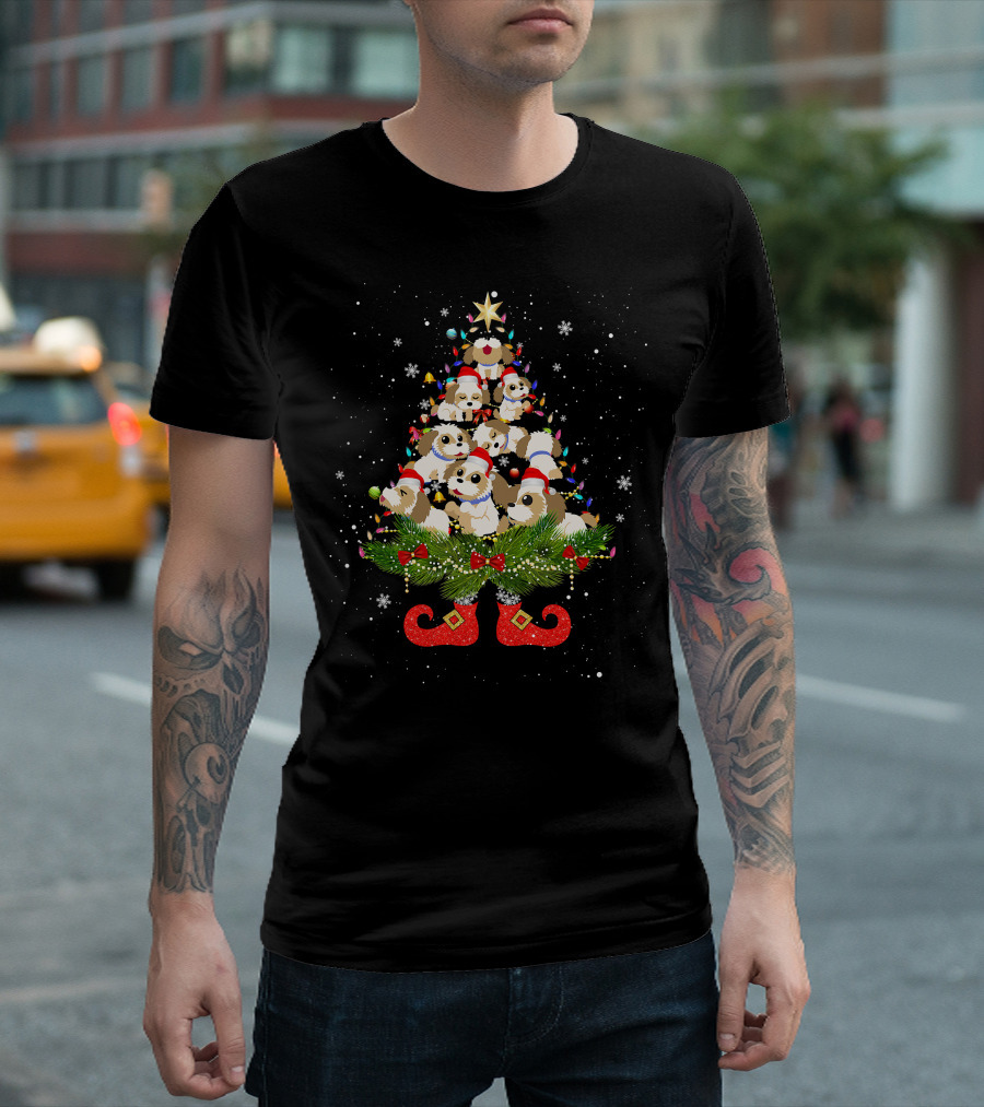 Shih Tzu Christmas Tree Lights Funny Santa Hat Dog Festive Holiday Puppies T-Shirt