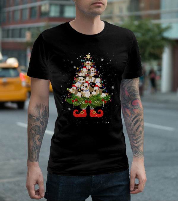 Shih Tzu Christmas Tree Lights Funny Santa Hat Dog Festive Holiday Puppies T-Shirt
