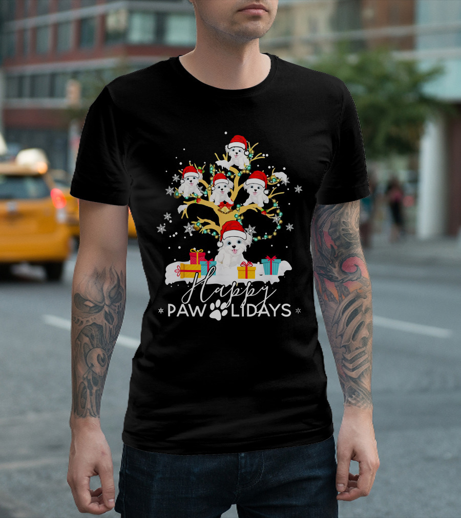 Shih Tzu Christmas Tree Santa Hat Lights Presents Happy Paw Holidays T-Shirt