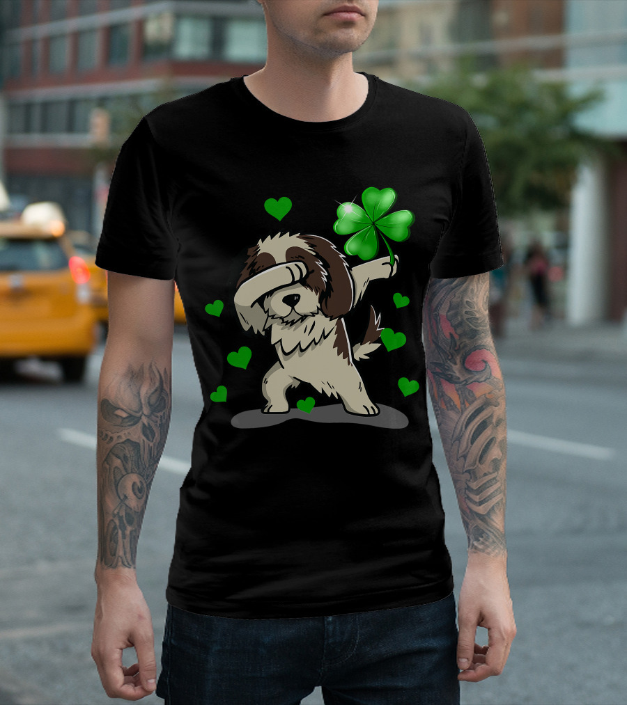 Shih Tzu Dabbing with Green Shamrock and Hearts T-Shirt
