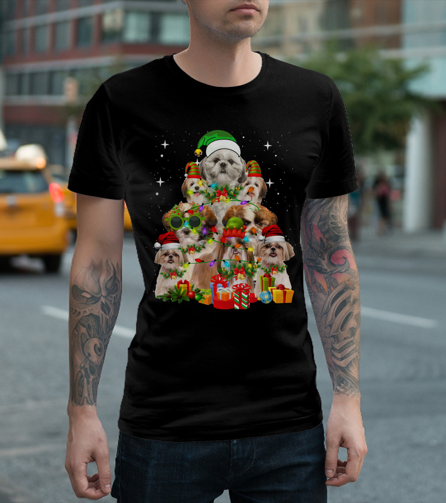 Shih Tzu Dog Christmas Tree With Presents And Santa Hats T-Shirt