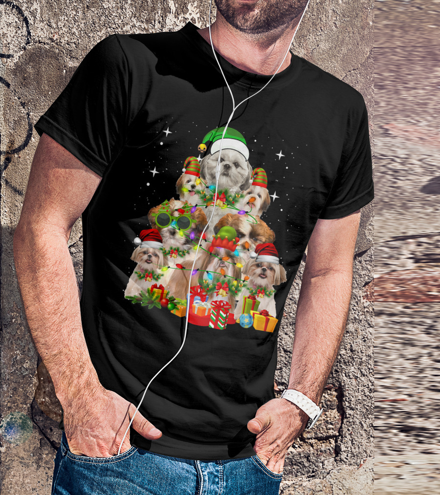 Shih Tzu Dog Christmas Tree With Presents And Santa Hats T-Shirt