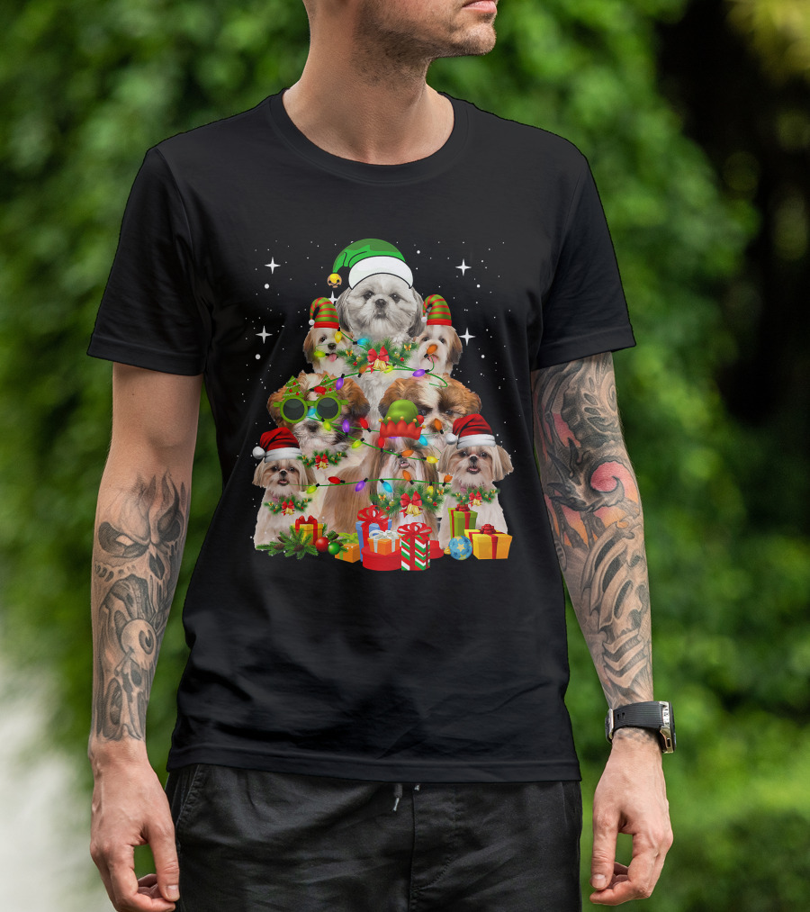 Shih Tzu Dog Christmas Tree With Presents And Santa Hats T-Shirt